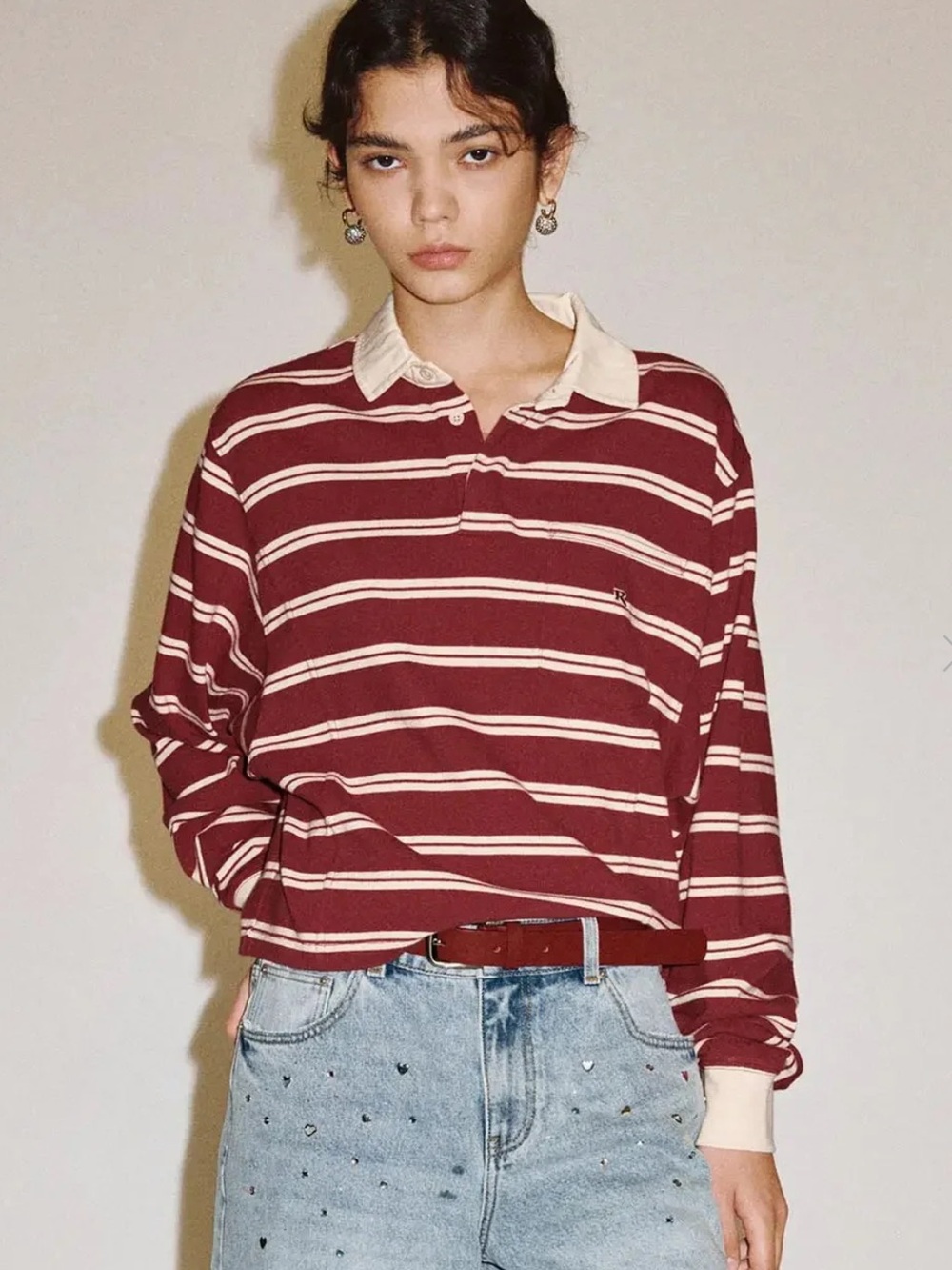 Striped Burgundy and Cream Rugby Shirt - Women's Top